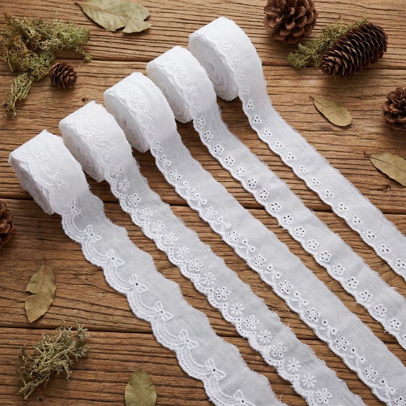 GXTIZAS Eyelet Lace Trim Set - 25 Yards Total, 5 Styles x 5 Yards, White Embroidered Eyelet Lace Ribbon for Sewing, Crafts, Clothing, Home Decor - Image 1