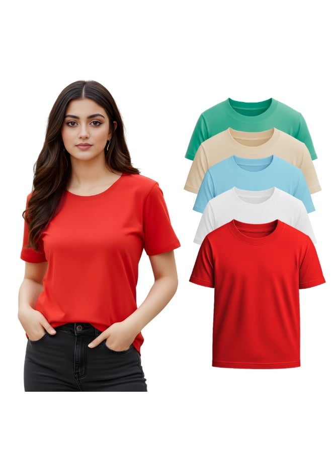 PRINTSHOP4ME Pack Of 5 Women's Round Neck T-Shirts | Short Sleeve | Cotton Tees | Comfortable Casual Wear For Daily Use, Gym - Image 1