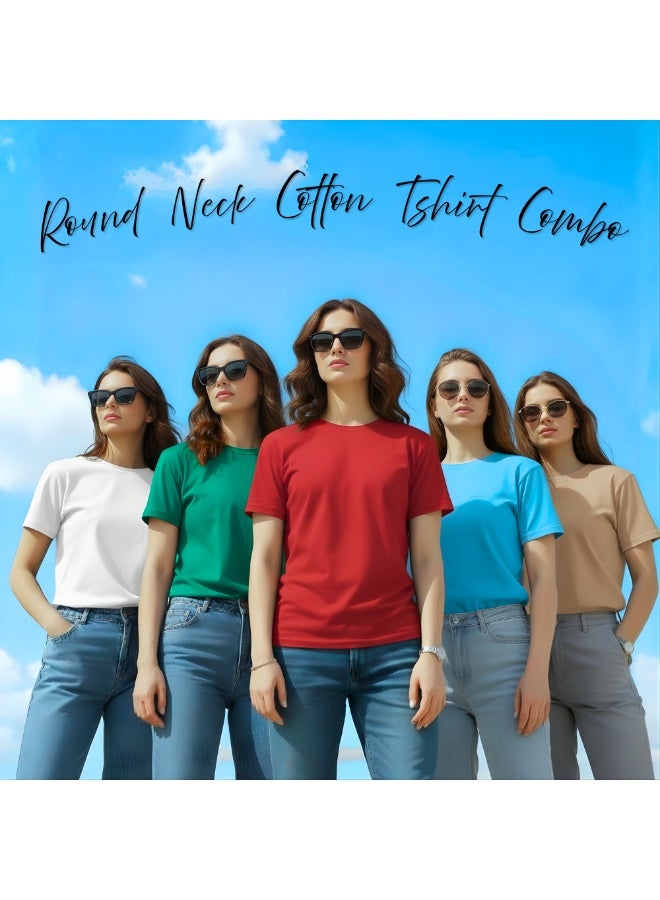 PRINTSHOP4ME Pack Of 5 Women's Round Neck T-Shirts | Short Sleeve | Cotton Tees | Comfortable Casual Wear For Daily Use, Gym - Image 4