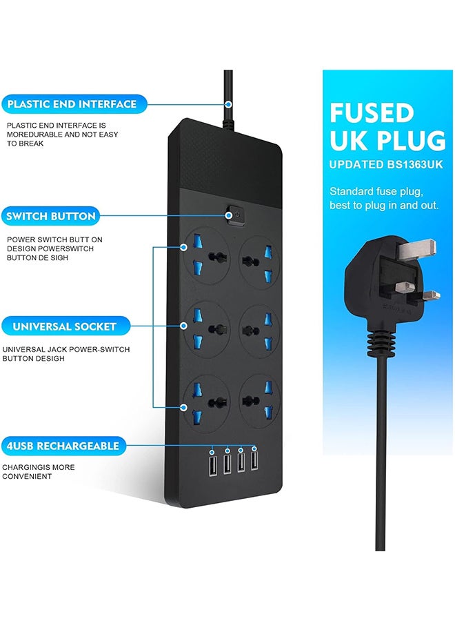 UREVO SKY-TOUCH Power Strips Extension Cord 6 Outlets, Universal Plug Adapter with 4 USB Ports Surge Protector, Charging Socket with 2M Bold Extension Cord (Black) - Image 3