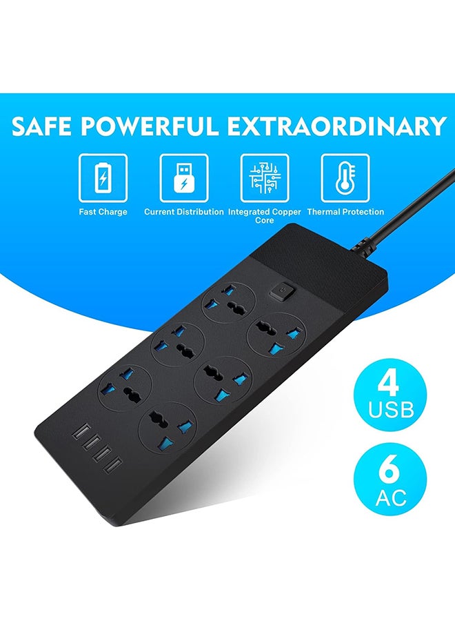UREVO SKY-TOUCH Power Strips Extension Cord 6 Outlets, Universal Plug Adapter with 4 USB Ports Surge Protector, Charging Socket with 2M Bold Extension Cord (Black) - Image 2