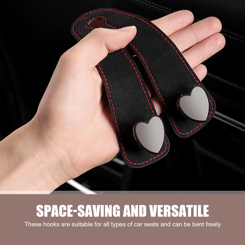 Merdege 2 PCS Car Seat Headrest Hook, Car Hooks for Headrest, Storage Double Heart Shape Hooks, Suede Foldable Soft Hook Organizer, Universal for Cars (Black) - Image 3