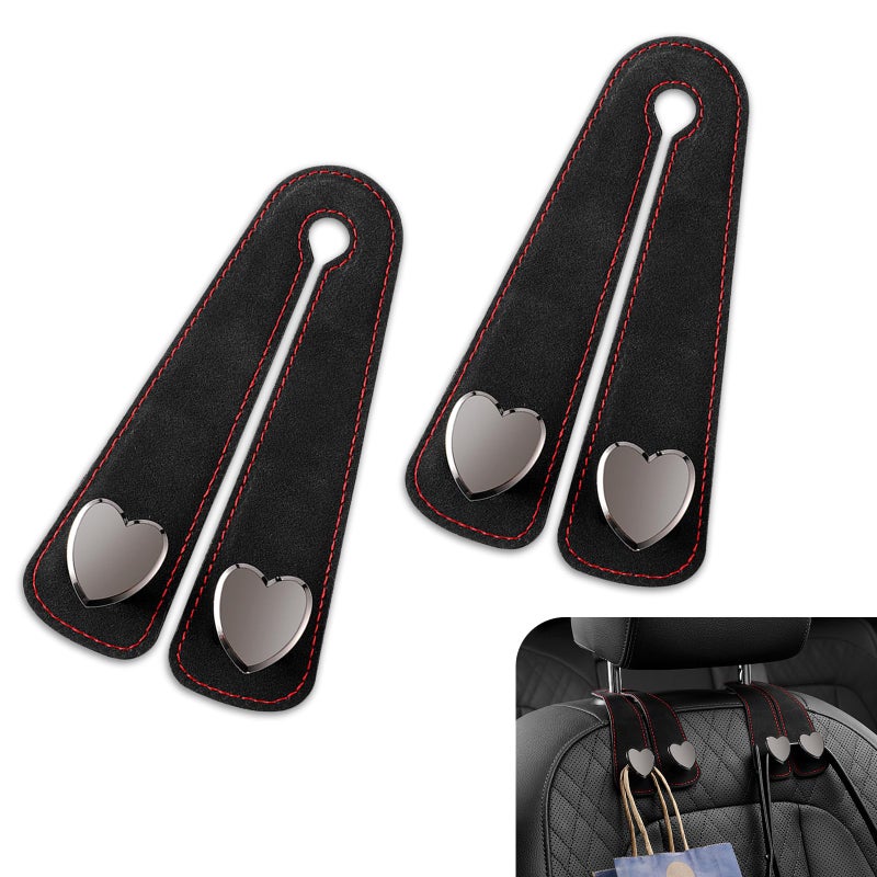 Merdege 2 PCS Car Seat Headrest Hook, Car Hooks for Headrest, Storage Double Heart Shape Hooks, Suede Foldable Soft Hook Organizer, Universal for Cars (Black) - Image 1