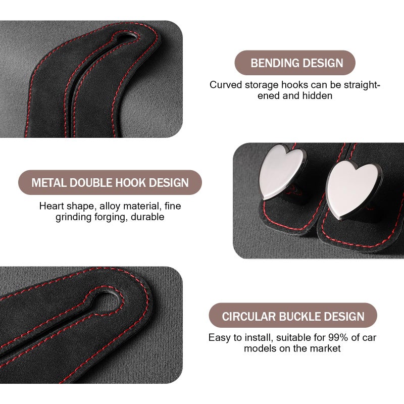 Merdege 2 PCS Car Seat Headrest Hook, Car Hooks for Headrest, Storage Double Heart Shape Hooks, Suede Foldable Soft Hook Organizer, Universal for Cars (Black) - Image 4