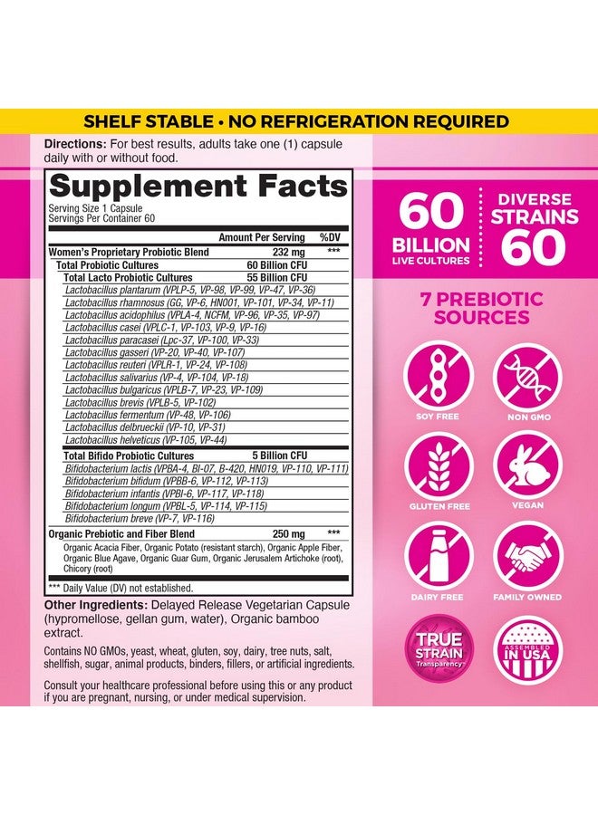 فيتل بلانت Vital Planet - Vital Flora Women's Daily Probiotic 60 Billion CFU، سلالات متنوعة، بريبايوتيك عضوي، دعم مهبلي ومناعي، بروبيوتيك لصحة الجهاز الهضمي للنساء، 60 كبسولة - Image 2