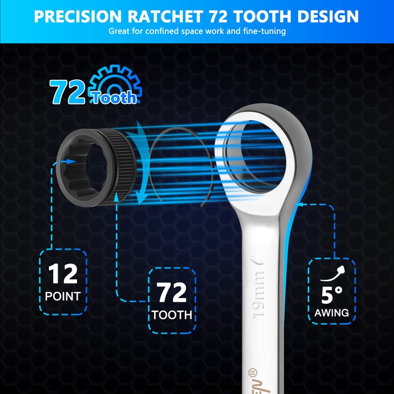 DISEN Double Box End Ratcheting Wrench Set Metric 6-Piece, 8mm-19mm, 72-Tooth Ratchet Wrench Box End with Rolling Pouch, Chrome Vanadium Steel - Image 4