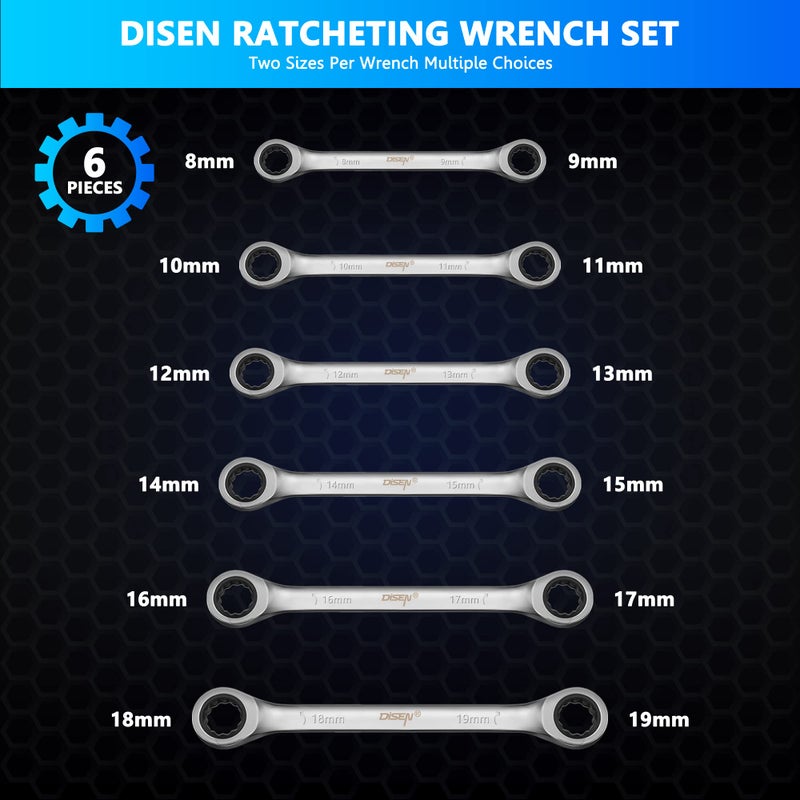 DISEN Double Box End Ratcheting Wrench Set Metric 6-Piece, 8mm-19mm, 72-Tooth Ratchet Wrench Box End with Rolling Pouch, Chrome Vanadium Steel - Image 2