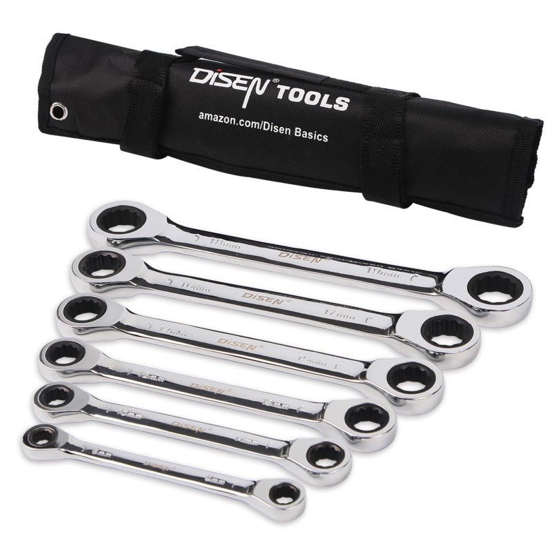 DISEN Double Box End Ratcheting Wrench Set Metric 6-Piece, 8mm-19mm, 72-Tooth Ratchet Wrench Box End with Rolling Pouch, Chrome Vanadium Steel - Image 1
