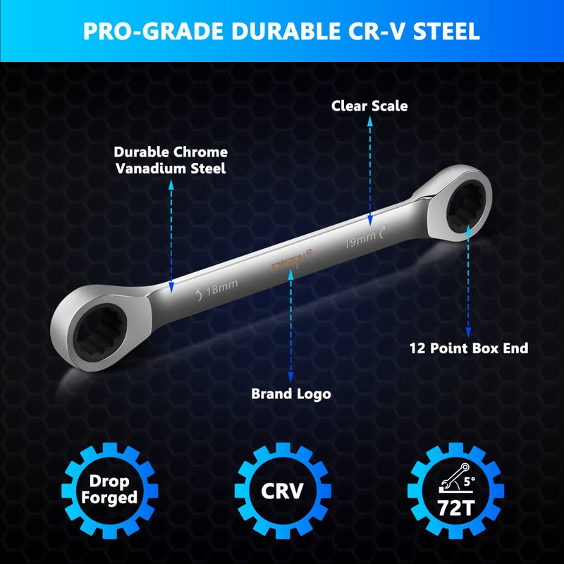 DISEN Double Box End Ratcheting Wrench Set Metric 6-Piece, 8mm-19mm, 72-Tooth Ratchet Wrench Box End with Rolling Pouch, Chrome Vanadium Steel - Image 3