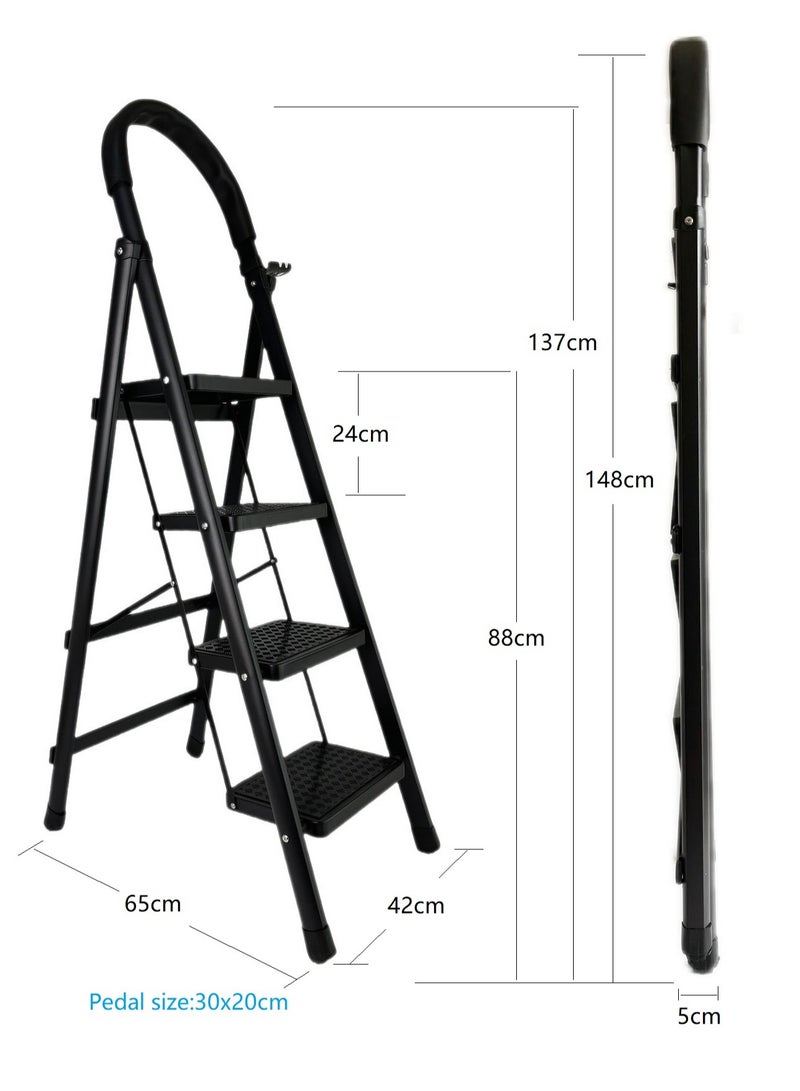 CABGON 4 Step Folding Ladder for Home Use，Foldable Steel Step Stool with Safey Handrail, Non-Slip Pedals, Compact Lightweight Ladder for Indoor (Black，4 steps) - Image 2