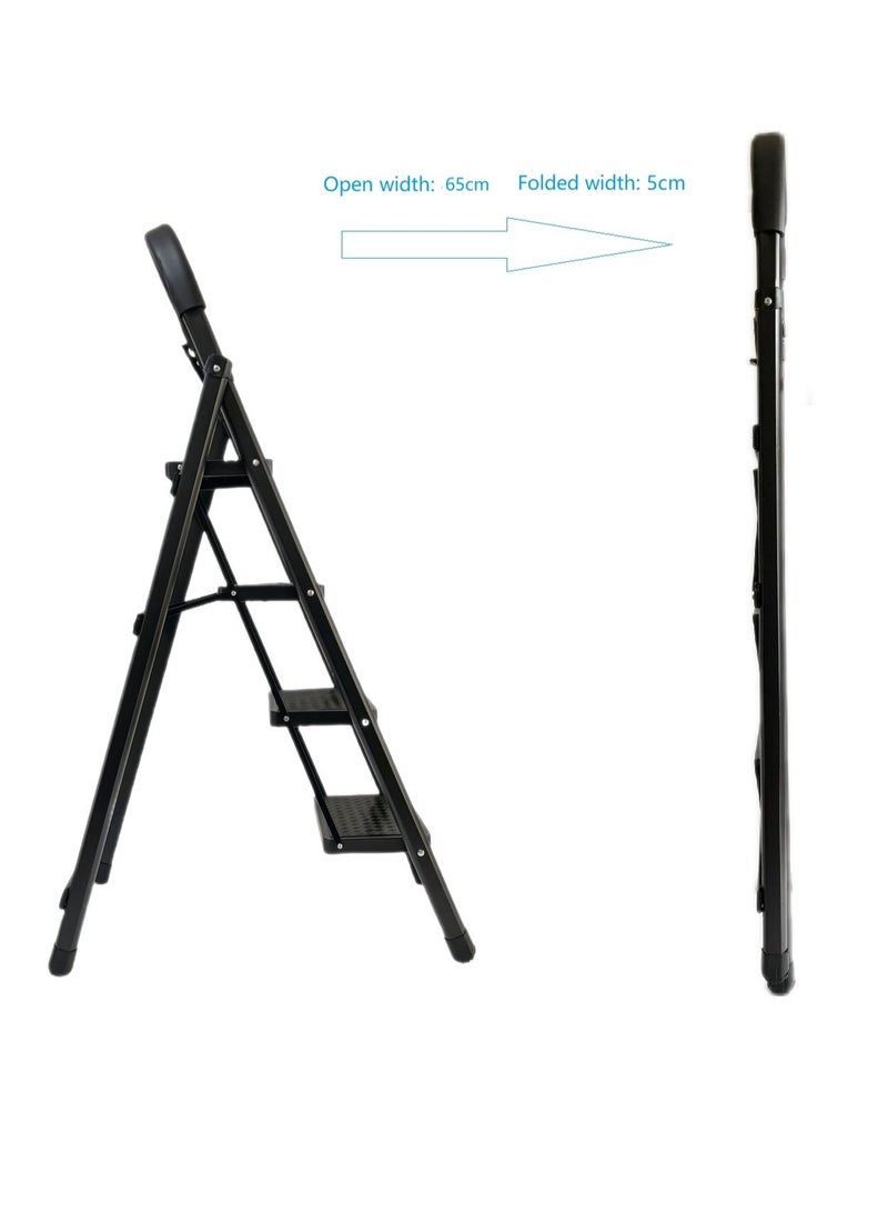 CABGON 4 Step Folding Ladder for Home Use，Foldable Steel Step Stool with Safey Handrail, Non-Slip Pedals, Compact Lightweight Ladder for Indoor (Black，4 steps) - Image 3