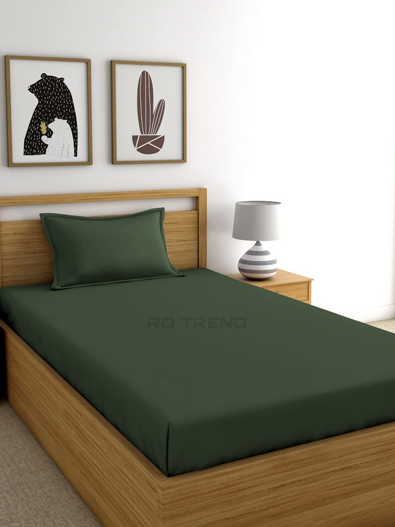 RD TREND® Premium Elastic Fitted Bedsheets for Single Bed Size (72 x 48 x 8 Inches) with 1 Pillow Cover Size (18x28 Inches) Color- Military Green - Image 1