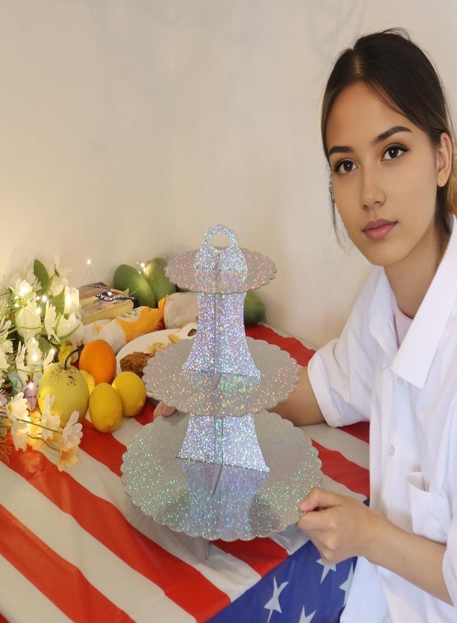 Chanseen Glitter 3 Tier Round Cardboard Cupcake Stand Iridescent Cupcake Holder Stand Cupcake Tower Stand for Birthday Wedding All Kinds of Parties (Silver) - Image 2