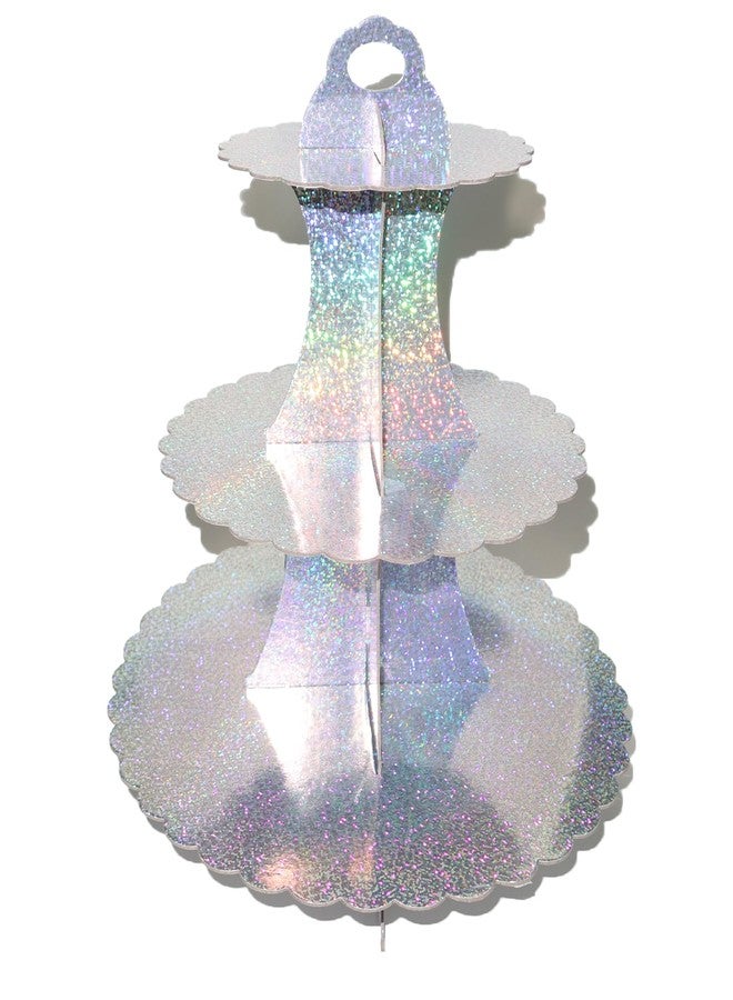Chanseen Glitter 3 Tier Round Cardboard Cupcake Stand Iridescent Cupcake Holder Stand Cupcake Tower Stand for Birthday Wedding All Kinds of Parties (Silver) - Image 1