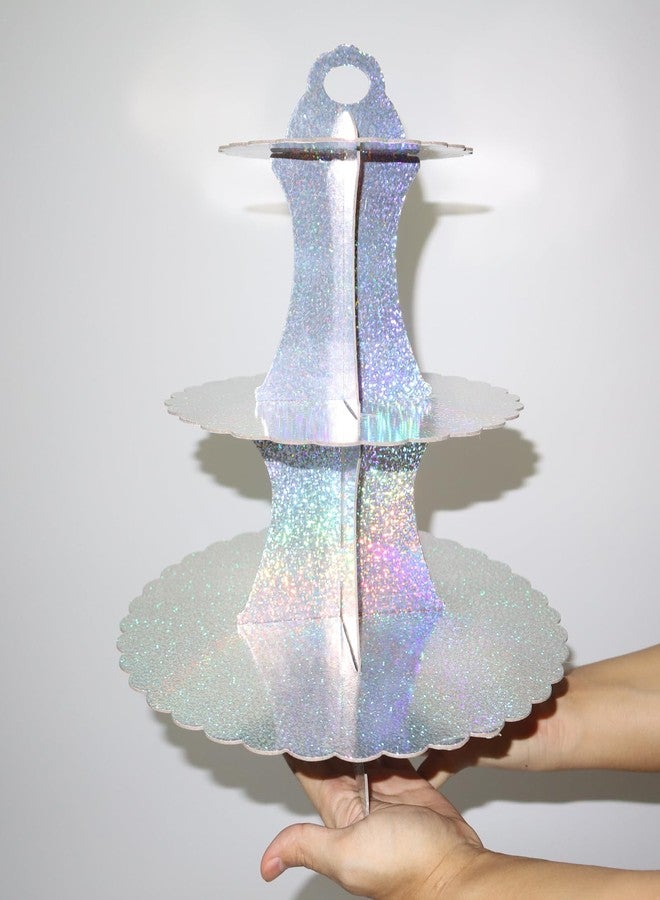 Chanseen Glitter 3 Tier Round Cardboard Cupcake Stand Iridescent Cupcake Holder Stand Cupcake Tower Stand for Birthday Wedding All Kinds of Parties (Silver) - Image 5