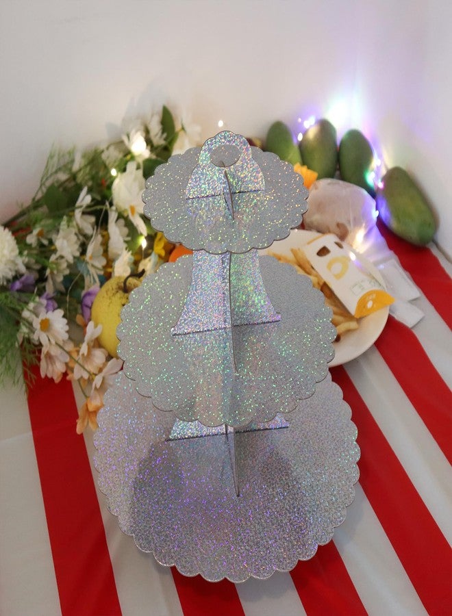 Chanseen Glitter 3 Tier Round Cardboard Cupcake Stand Iridescent Cupcake Holder Stand Cupcake Tower Stand for Birthday Wedding All Kinds of Parties (Silver) - Image 3