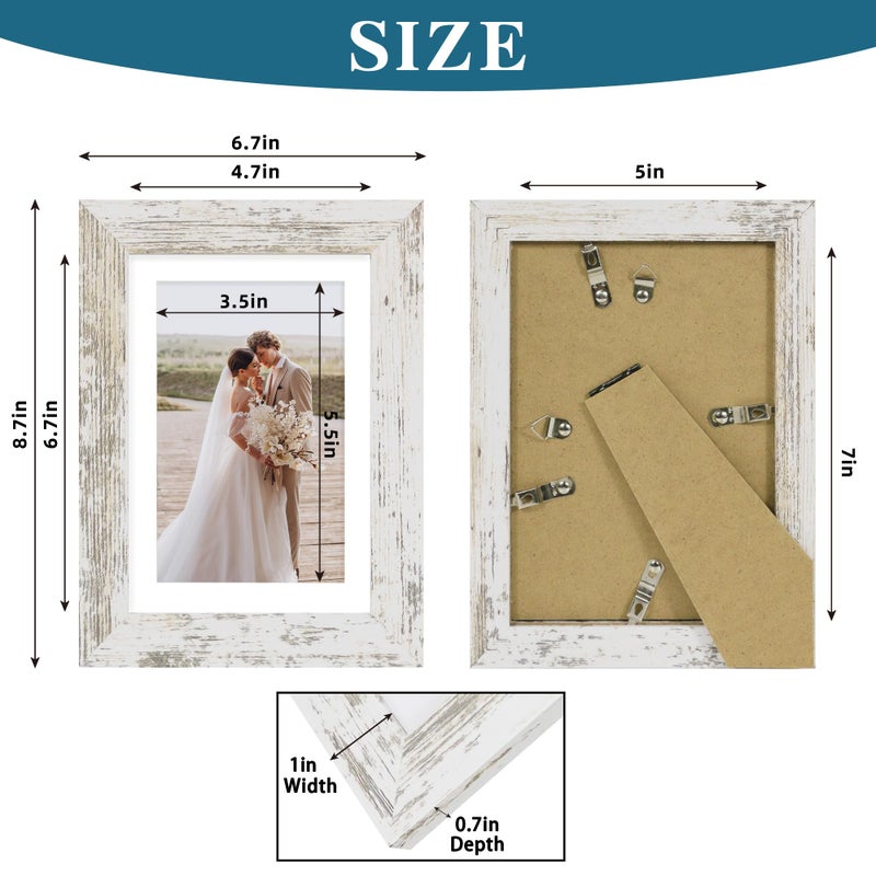 Hongkee 5x7 Picture Frame Set of 4, Made of Real Glass and Distressed White Wooden Frame, 5 by 7 Photo for Wall or Tabletop - Display Picture 4x6 with Mat or 5x7 Without Mat - Image 3