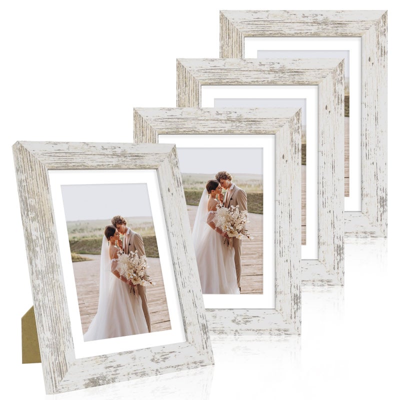 Hongkee 5x7 Picture Frame Set of 4, Made of Real Glass and Distressed White Wooden Frame, 5 by 7 Photo for Wall or Tabletop - Display Picture 4x6 with Mat or 5x7 Without Mat - Image 1