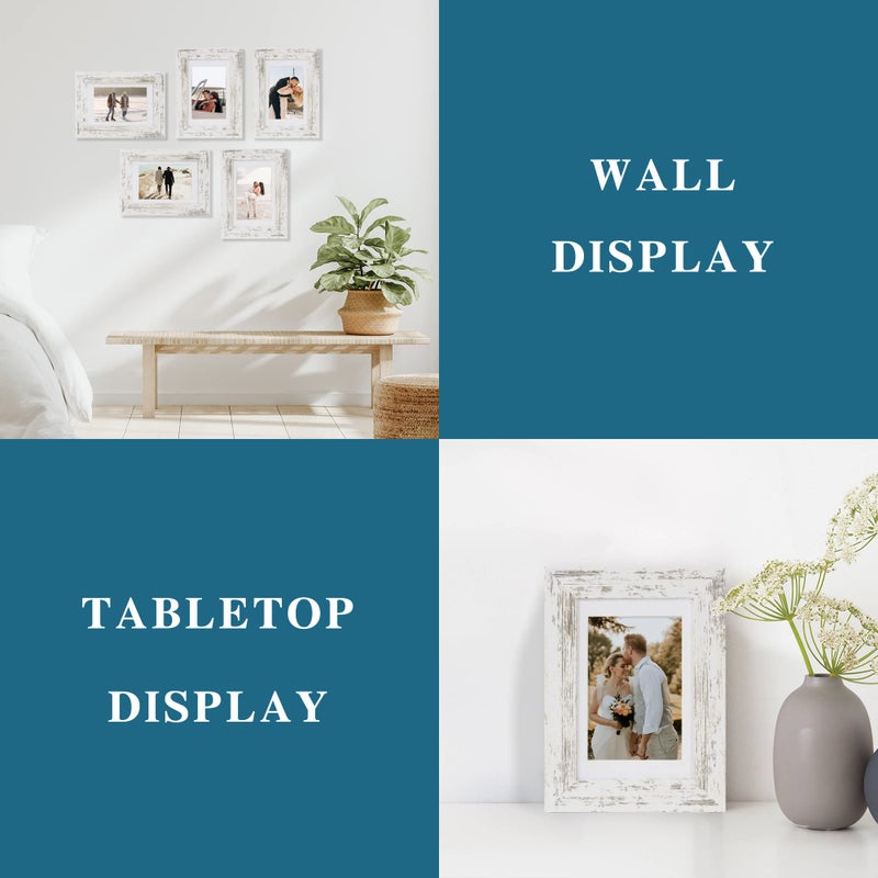 Hongkee 5x7 Picture Frame Set of 4, Made of Real Glass and Distressed White Wooden Frame, 5 by 7 Photo for Wall or Tabletop - Display Picture 4x6 with Mat or 5x7 Without Mat - Image 4