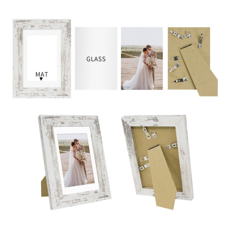 Hongkee 5x7 Picture Frame Set of 4, Made of Real Glass and Distressed White Wooden Frame, 5 by 7 Photo for Wall or Tabletop - Display Picture 4x6 with Mat or 5x7 Without Mat - Image 2