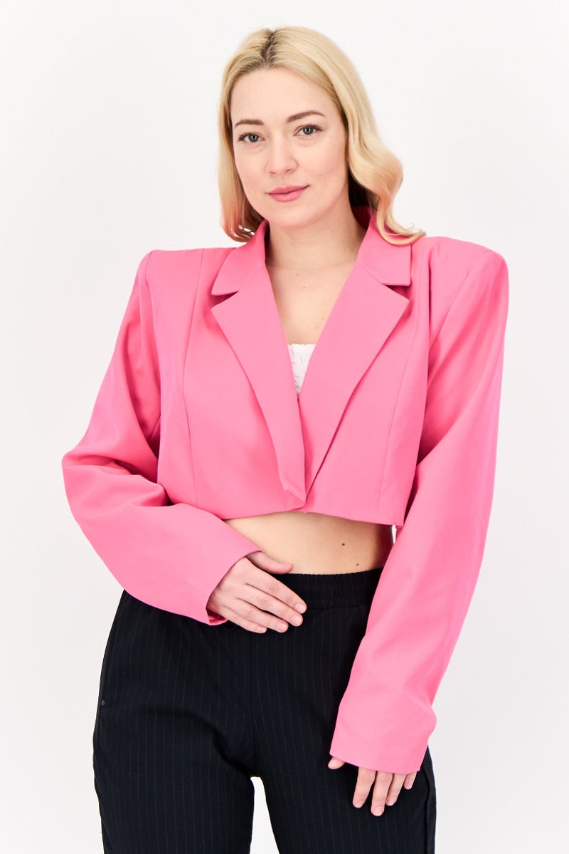 I SAW IT FIRST Women Regular Fit Plain Crop Blazer, Pink - Image 1