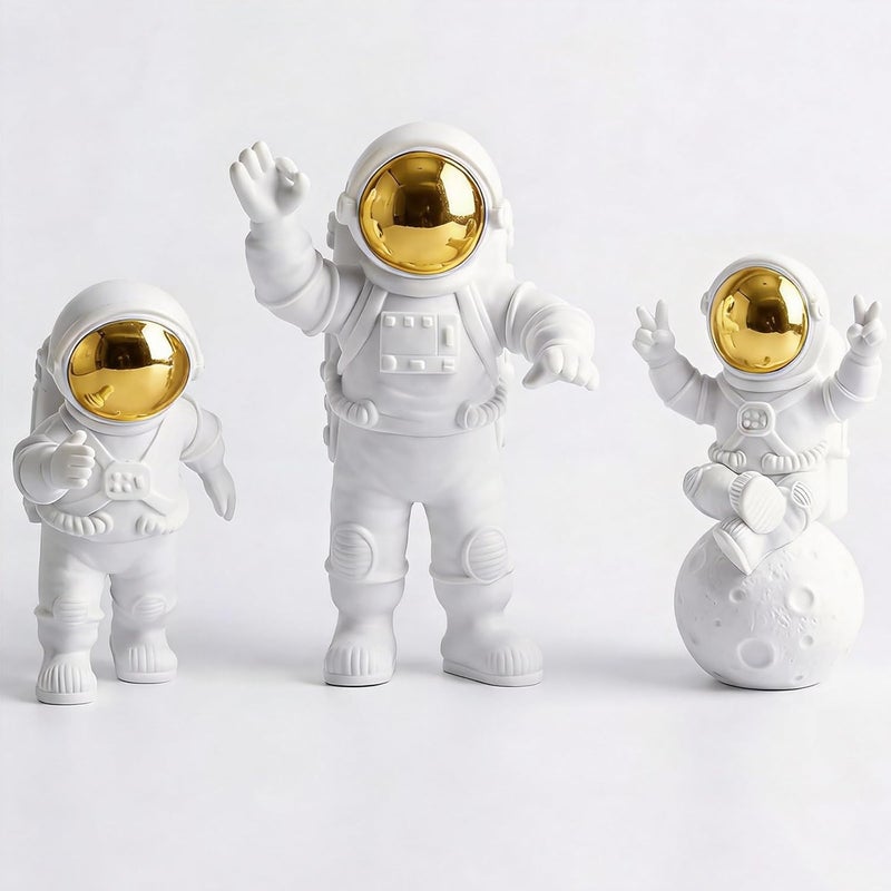 WANCHIY 3pcs Resin Spaceman Statues Model, Astronaut Ornaments Home Décor Accents – Mini Astronaut Figures for Desktop, Car, Cake Topper or Space Gift Decor (Gold) - Image 1