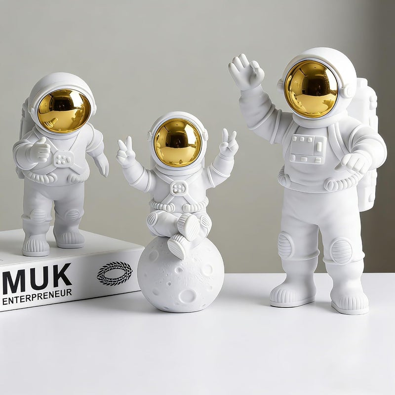WANCHIY 3pcs Resin Spaceman Statues Model, Astronaut Ornaments Home Décor Accents – Mini Astronaut Figures for Desktop, Car, Cake Topper or Space Gift Decor (Gold) - Image 2