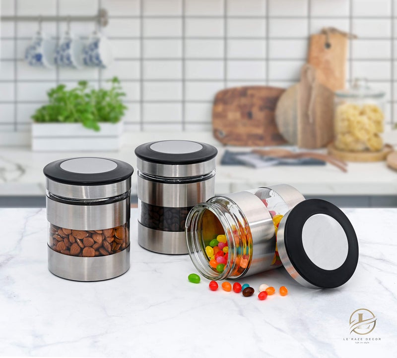 Le'raze Quality Stainless Steel Canister Set of 3 for Kitchen Counter with Glass Window & Airtight Lid - Food Storage Containers with Lids Airtight - Pantry Storage and Organization Set - Image 3