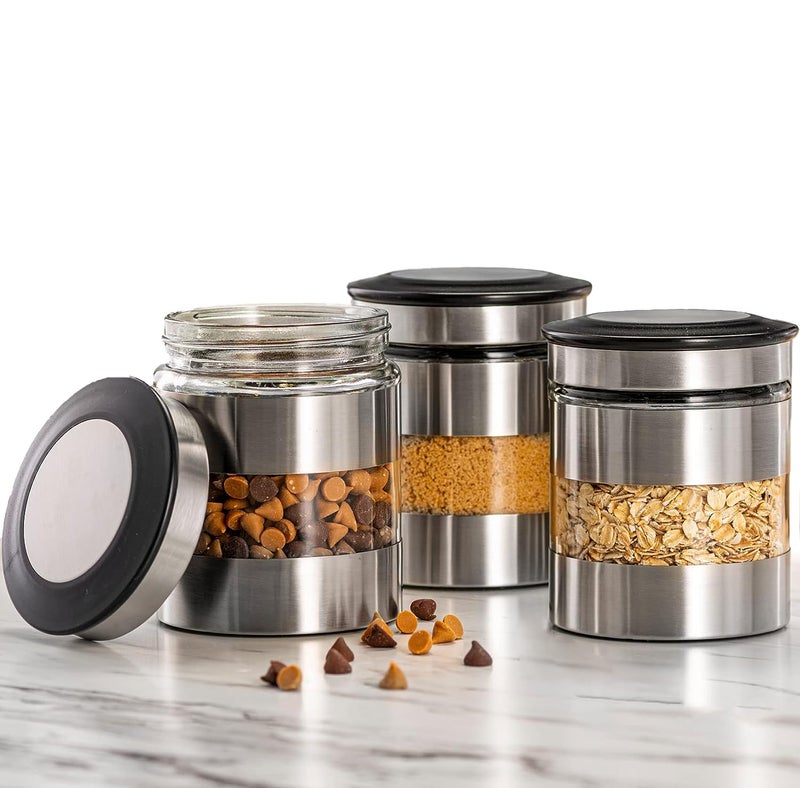 Le'raze Quality Stainless Steel Canister Set of 3 for Kitchen Counter with Glass Window & Airtight Lid - Food Storage Containers with Lids Airtight - Pantry Storage and Organization Set - Image 1