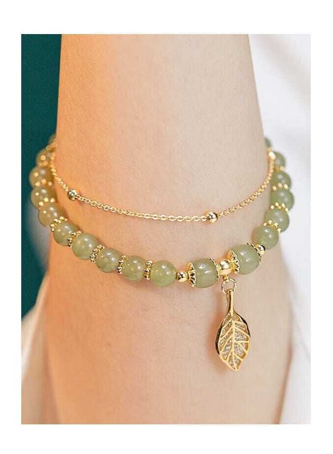Green Hotan Jade Bracelet Gold Bracelet Double Layer Ladies Gift Sparkling Diamond - Image 4