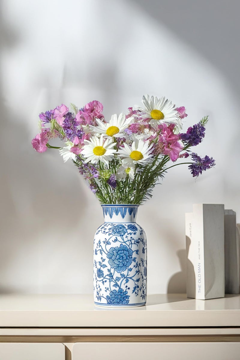 GaLouRo Modern Blue and White Porcelain Vase - Chinoiserie Ginger Jar for Home Decor, Floral Arrangement, 11-Inch Height Handcrafted Ceramic Vase - Image 3