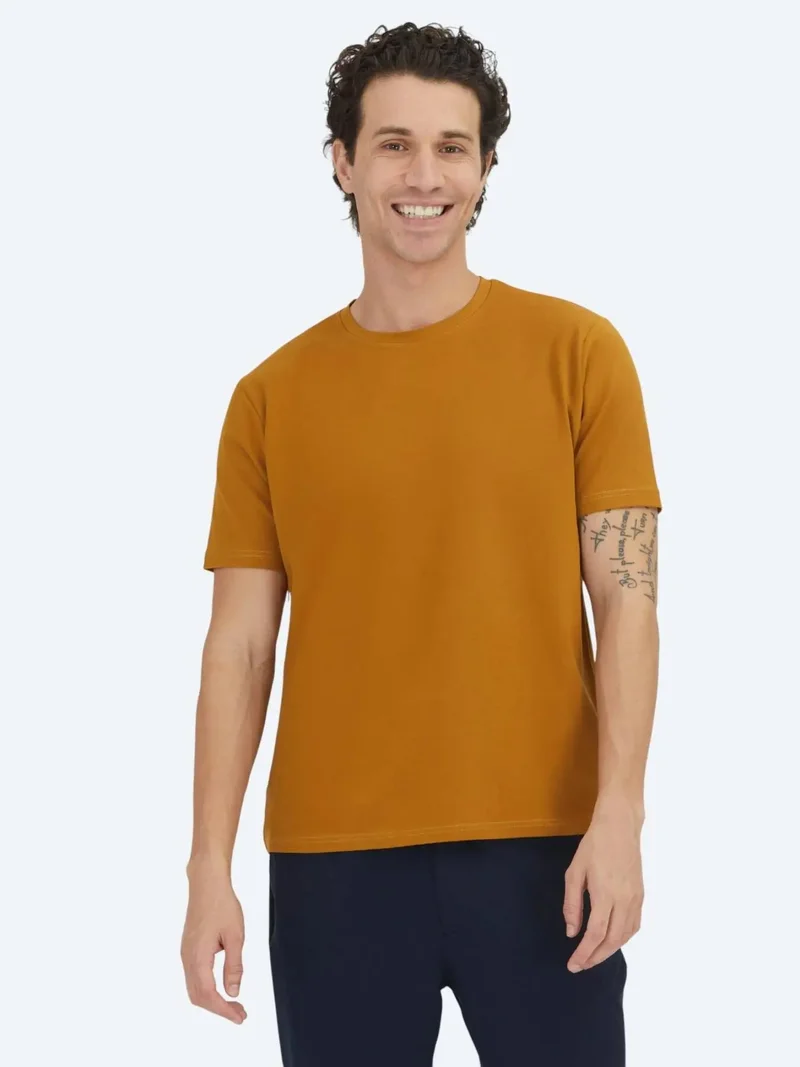 Kip Mustard Plain Crew Neck Cotton Blended T-Shirt