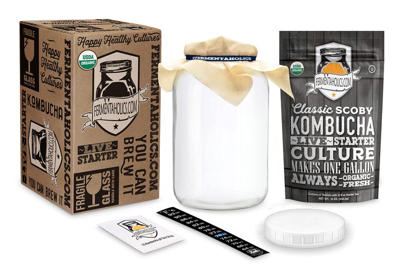 Fermentaholics Kombucha Essentials Kit  Includes USDA Organic Kombucha SCOBY  1Gallon Glass Fermenting Jar with Breathable Cover  pH Strips  Rubber Band  Adhesive Thermometer  Brew kombucha at Home 