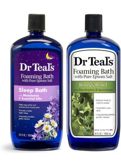 Dr Teals Foaming Bath Variety Gift Set 2 Pack 34oz Ea  Relax  Relief Eucalyptus  Spearmint Melatonin Sleep Bath  Essential Oils Blended with Pure Epsom Salt Eases Aches  Aids in Sleep