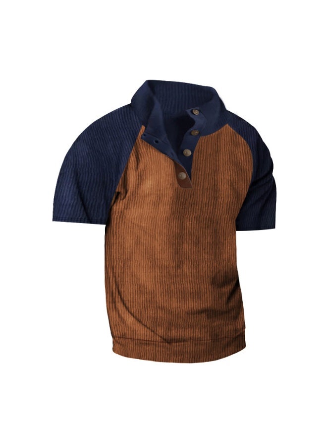 Spring/Summer  Men's Outdoor Raglan Sleeves Casual Stand up Neck Loose Corduroy Colored Short Sleeve - Image 1
