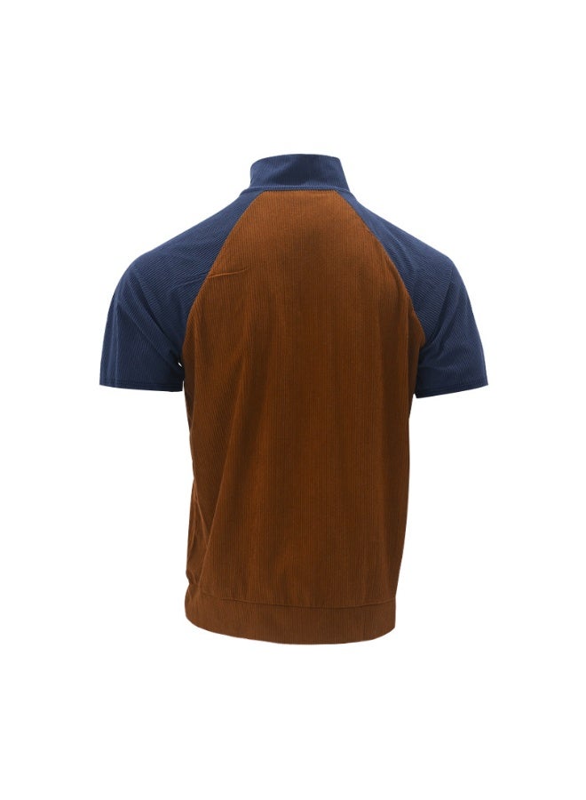 Spring/Summer  Men's Outdoor Raglan Sleeves Casual Stand up Neck Loose Corduroy Colored Short Sleeve - Image 2