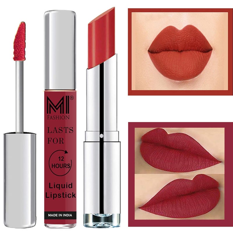 MI Fashion Made in India Lipstick Combo Offers 100 Veg Long Lasting Shimmer Cherry Liquid Matte Lipstick Orange Fever Creamy Matte Lipstick - Image 1