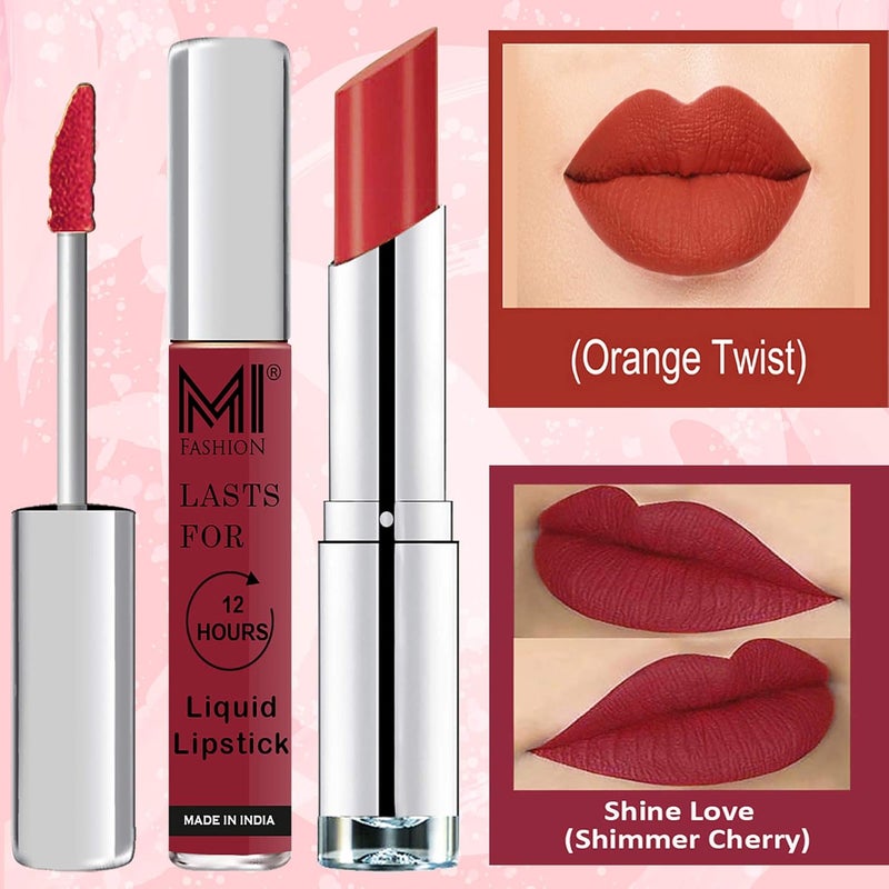 MI Fashion Made in India Lipstick Combo Offers 100 Veg Long Lasting Shimmer Cherry Liquid Matte Lipstick Orange Fever Creamy Matte Lipstick - Image 3