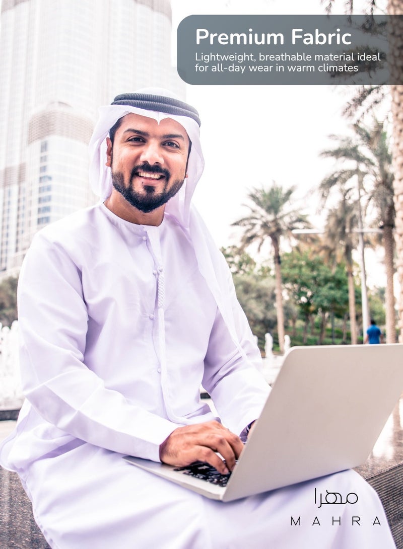 مهرا كندورة إماراتية رجالية باللون الأبيض مع طربوش قابل للفصل | قماش خفيف ومُنعش | مناسبة للاحتفالات، رمضان، عيد الفطر، المناسبات الخاصة والاستخدام اليومي - Image 5
