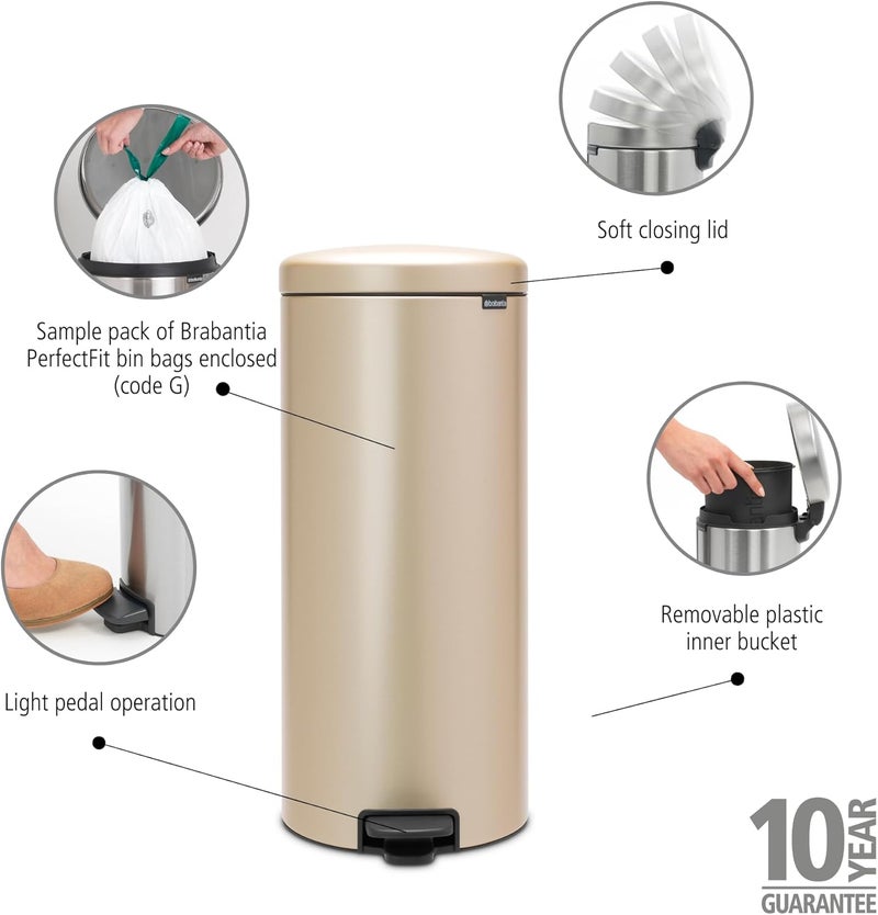 Brabantia NewIcon Pedal Bin 30 L - Metallic Gold Soft-Closure Kitchen Rubbish Bin with Removable Inner Bucket - Image 2