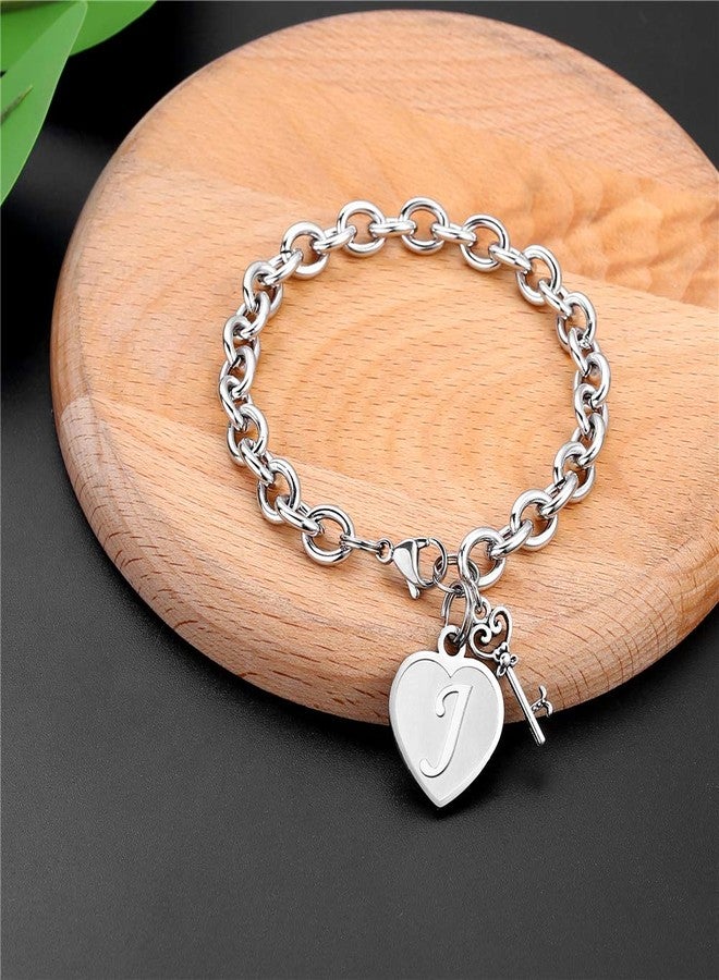 M MOOHAM Women Bracelets Initial Charm - Engraved Letter J Initial Bracelet Womens Stainless Steel Heart Letter Charm Bracelet Adjustable Birthday Christmas Valentines Jewelry Gifts for Her Women - Image 2