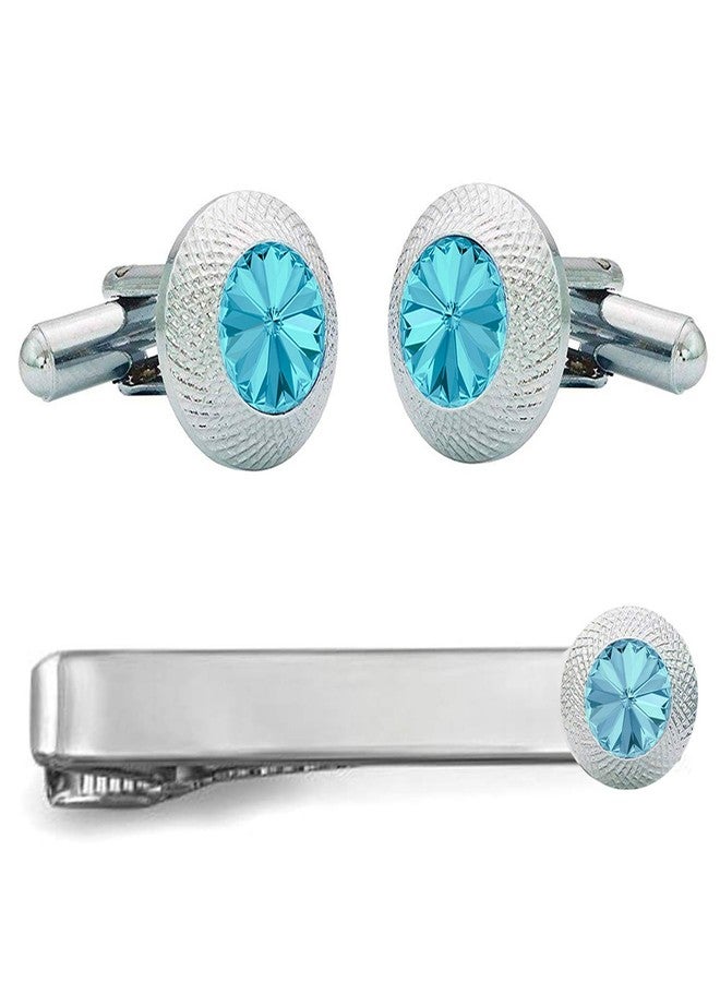 Okos Rhodium Plated Men'S Fashion Jewellery Combo Of Blue Revoli Cufflink And Tie Pin Set For Office Wear/Casual Wear For Boys And Women CO1000366BLU - Image 1