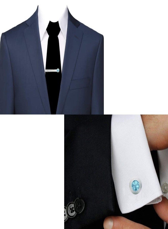 Okos Rhodium Plated Men'S Fashion Jewellery Combo Of Blue Revoli Cufflink And Tie Pin Set For Office Wear/Casual Wear For Boys And Women CO1000366BLU - Image 4