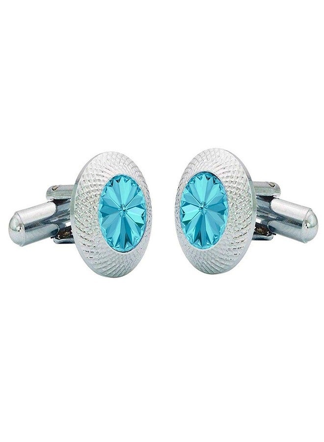 Okos Rhodium Plated Men'S Fashion Jewellery Combo Of Blue Revoli Cufflink And Tie Pin Set For Office Wear/Casual Wear For Boys And Women CO1000366BLU - Image 2