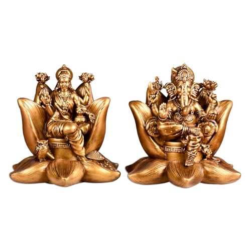 Artarium Laxmi Ganesha Idol Laxmi Ganesh Set Murti Lakshmi Ganesh Statue Lakshmi Ganesha Murti Ganpati Idol for Car Dashboard Home Decor Puja Room (Padma Laxmi Ganesha Small) - Image 1