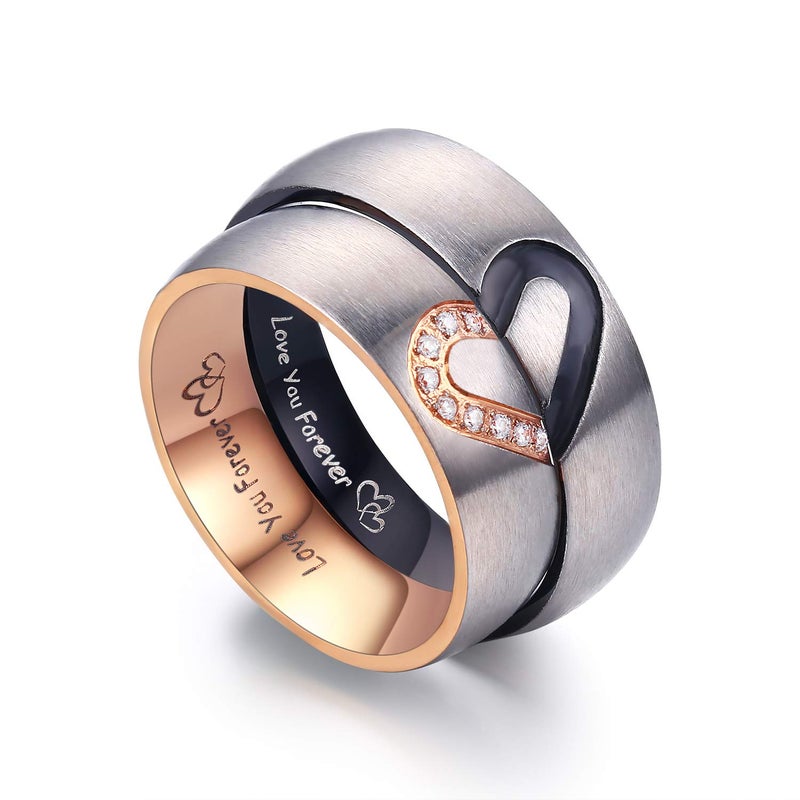 LAVUMO Matching Promise Rings for Couples Love You Forever Wedding Bands Sets for Him and Her Half Heart Rings Stainless Steel 6mm with Box Comfort Fit (Men 10 & Women 7) - Image 1