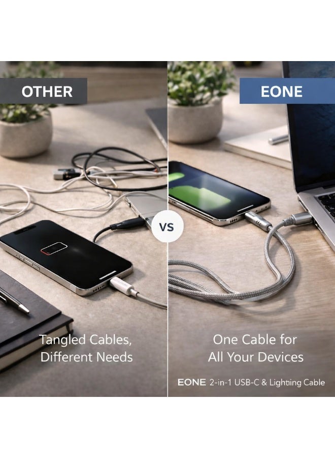 EONE 2-in-1 USB-C & Lightning Cable 1.2M 60W, PD Fast Charging Nylon Braided Cable for iPhone, iPad, AirPods & Type-C Devices – Gray - Image 5