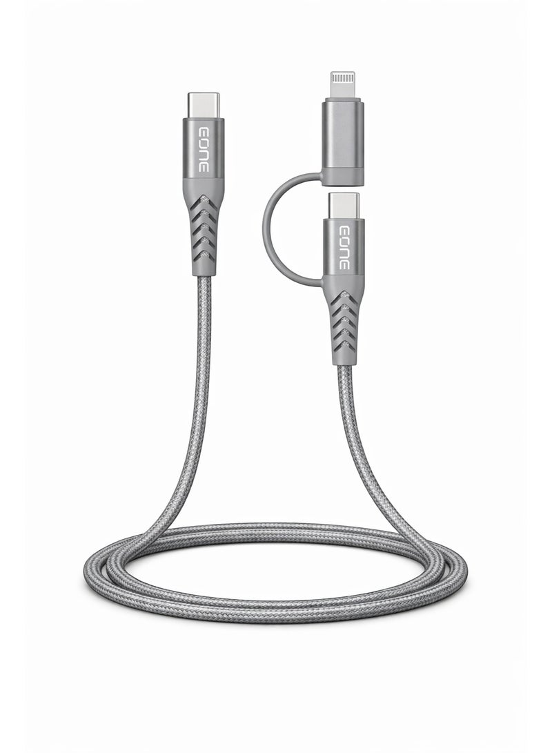 EONE 2-in-1 USB-C & Lightning Cable 1.2M 60W, PD Fast Charging Nylon Braided Cable for iPhone, iPad, AirPods & Type-C Devices – Gray - Image 4