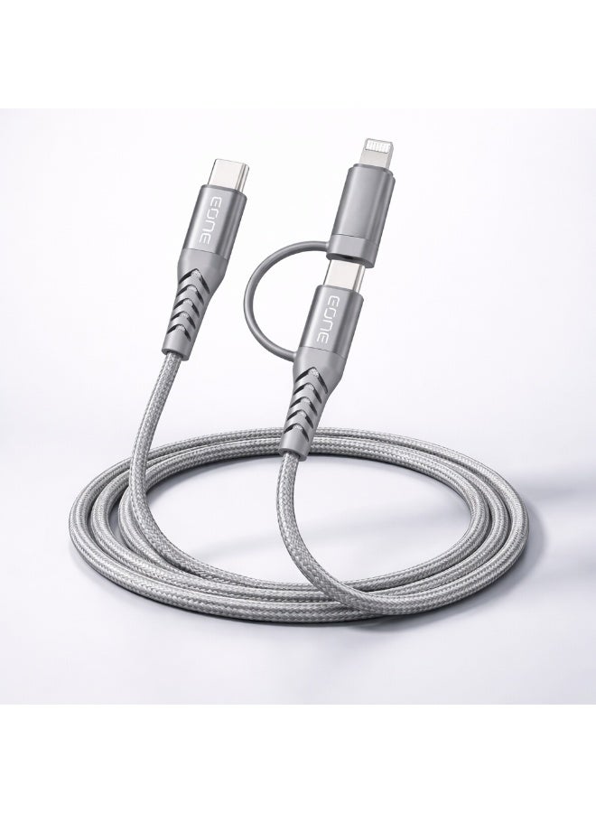 EONE 2-in-1 USB-C & Lightning Cable 1.2M 60W, PD Fast Charging Nylon Braided Cable for iPhone, iPad, AirPods & Type-C Devices – Gray - Image 1