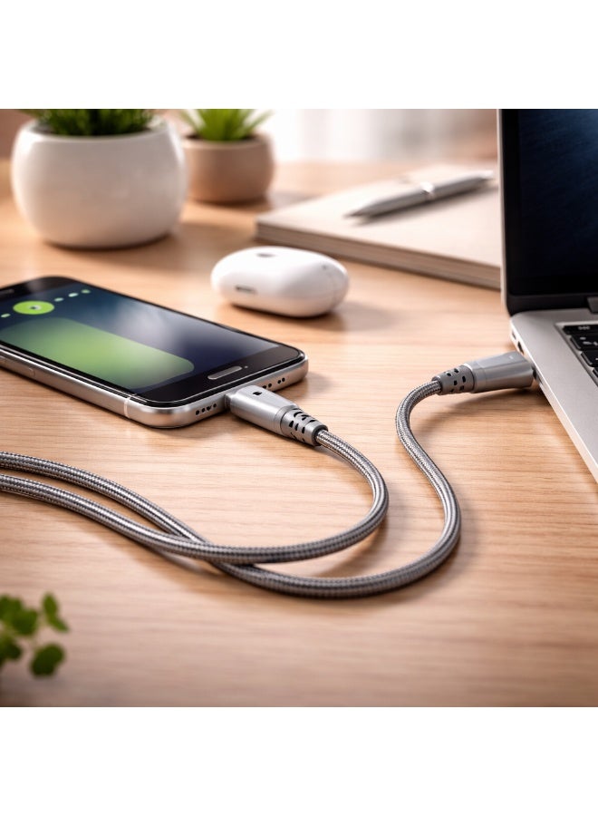 EONE 2-in-1 USB-C & Lightning Cable 1.2M 60W, PD Fast Charging Nylon Braided Cable for iPhone, iPad, AirPods & Type-C Devices – Gray - Image 2